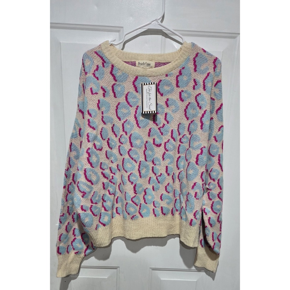 Peach Love California Pink & Blue Leopard Print Sweater W/ Cream Women L- NWT
